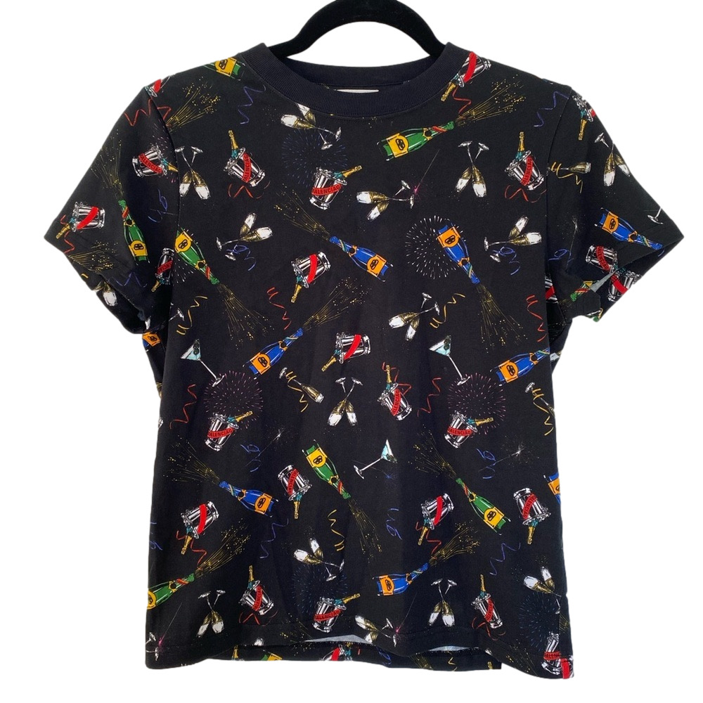 BALENCIAGA Black Colorful Graphic Celebration Champagne T-Shirt in Size Medium